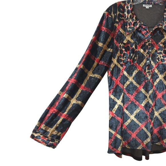 Paris Hues Womens Velvet‎ Blouse M Long Sleeve Button-Up Shirt Leopard Checkered - Picture 3 of 12